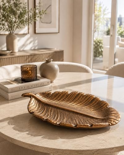 Toptan Metalik Kahve Dekoratif Yaprak Tepsi 40 cm