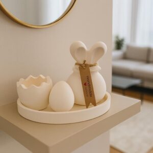 Mireva Minimalist Paskalya Tavşanı ve Yumurta Seti – Dekoratif Seramik Tepsi Üzerinde Modern Bahar Ev Dekoru
