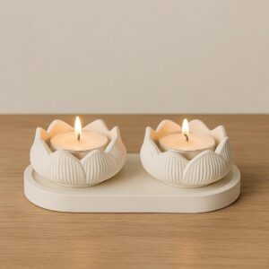 Mireva Beyaz Lotus Mumluk Seti – Taş Tozu El Yapımı Tealight Mumluk ve Dekoratif Tepsi