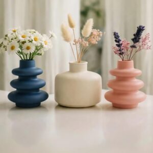 3'lü Mini Vazo Seti – Pampas & Kuru Çiçek için İskandinav Pastel Taş Vazolar, Raf & Masa Üstü Minimal Dekor, Mavi Krem Pembe Renkli, El Yapımı Taş Malzeme