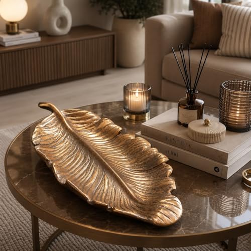 Toptan Metalik Kahve Dekoratif Yaprak Tepsi 40 cm