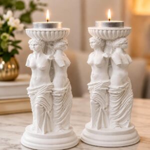 Yunan Üç Güzeller Tealight Mumluk Seti 2’li, 16 cm Taş Tozu Beyaz Heykel Mumluk, antik Mitoloji Ev Dekoru