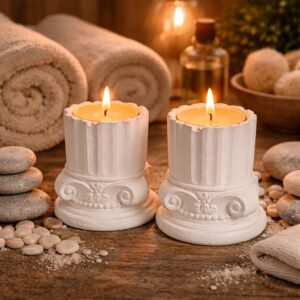 Antik Roma Sütun Tealight Mumluk Seti, Beyaz, Taş Tozu, 10 cm, Vintage Stil, 2'li Set