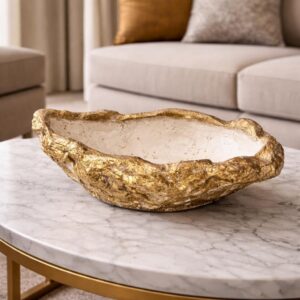 Taş Dokulu Beton Dekoratif Kase, El Yapımı Modern Minimalist Orta Sehpa Objesi, Salon ve Masa Üstü Aksesuarı, 30 cm (GOLD-BEJ)