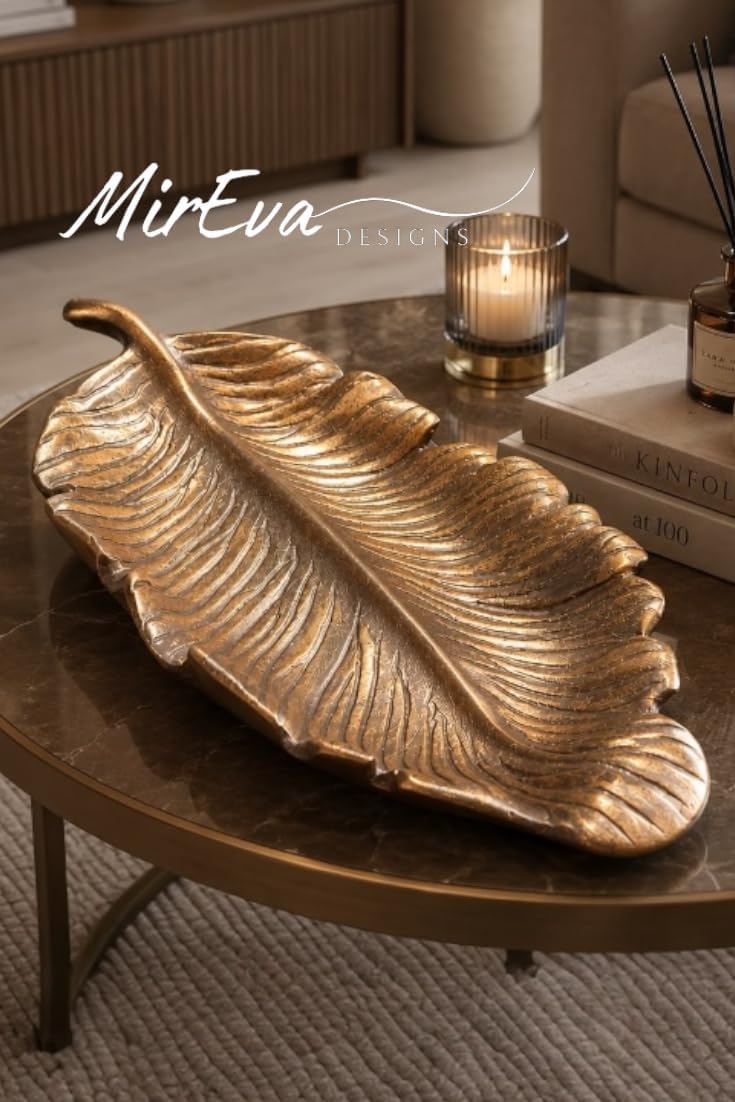 Toptan Metalik Kahve Dekoratif Yaprak Tepsi 40 cm