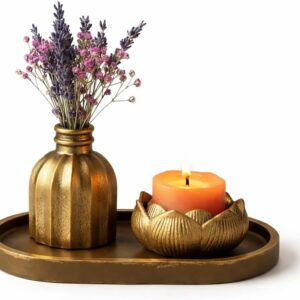 Mireva Lotus Tealight Mumluk ve Mini Vazo Seti – Dekoratif Tepsi Üzerinde Altın Renk Mumluk Seti, Masa & Sehpa Ev Dekoru, Meditasyon ve Spa Dekorasyonu