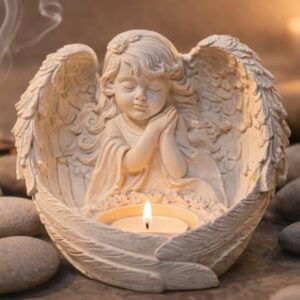 Melek Figürlü Dilek Tutan Tealight Mumluk, Taş Döküm, 13x15 cm, Dekoratif Anma ve Hediye Dekoru için