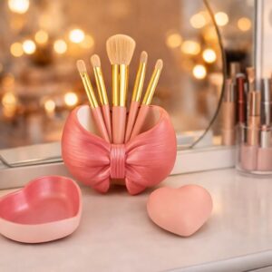 Pembe Fiyonk & Kalp Takı Tabağı Seti – El Yapımı Vanity ve Masa Düzenleyici, Pastel Dekor