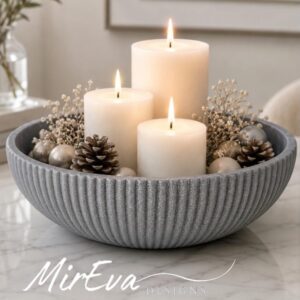 Modern Gri Dekor Kase 27 cm – Minimal Çizgili Beton Görünümlü Bowl, Scandi Salon Masa Üstü Aksesuarı, Büyük Dekor Objeli Center Dish
