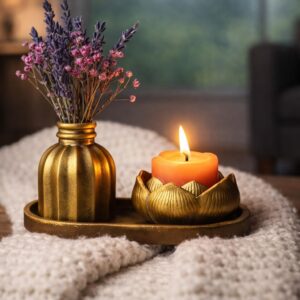 Altın Renk Antik Sütun Tasarım Dekoratif Tealight Mumluk Seti 2’li – 13 cm El Boyaması Taş Mumluk
