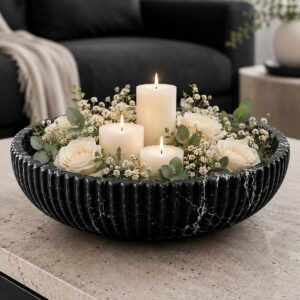 Siyah Mermer Dekor Kase 27 cm – Lüks Modern Marble Bowl, Oturma Odası Centerpiece, Şık Masa Üstü Dekor Objesi