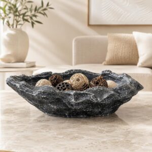 Modern Beton Dekoratif Kase – Gri Siyah Taş Dokulu Orta Sehpa Objesi – El Yapımı Salon ve Masa Üstü Dekoru – 30 cm